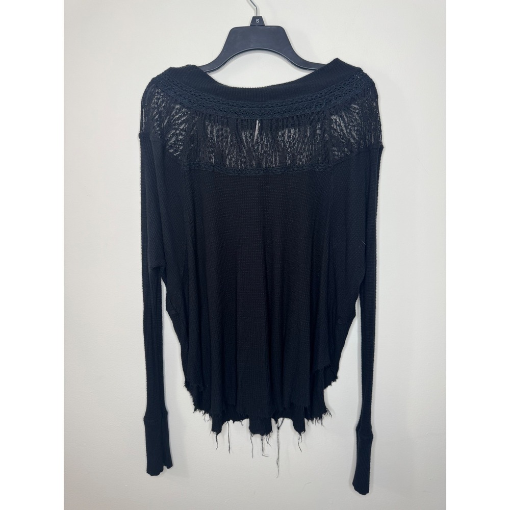 Free People Black Waffle Knit Thermal Lace Yoke Frayed Hem Top Medium
